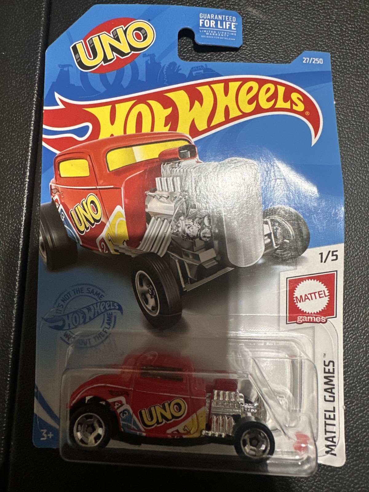 2021 Hot Wheels #27 Mattel Games-UNO 1/5 '32 FORD Red w/Chrome RS5 Spokes