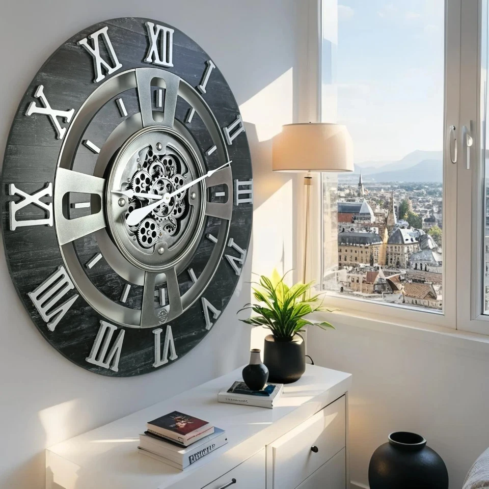 The Gears Clock ENGLAND LINE WALL CLOCK ROUND 36 INCH VINTAGE BLACK - Image 4 of 4