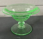 Antique 6-1/2” Uranium Glass Etched Green Depression Pedestal Candy Dish Compote