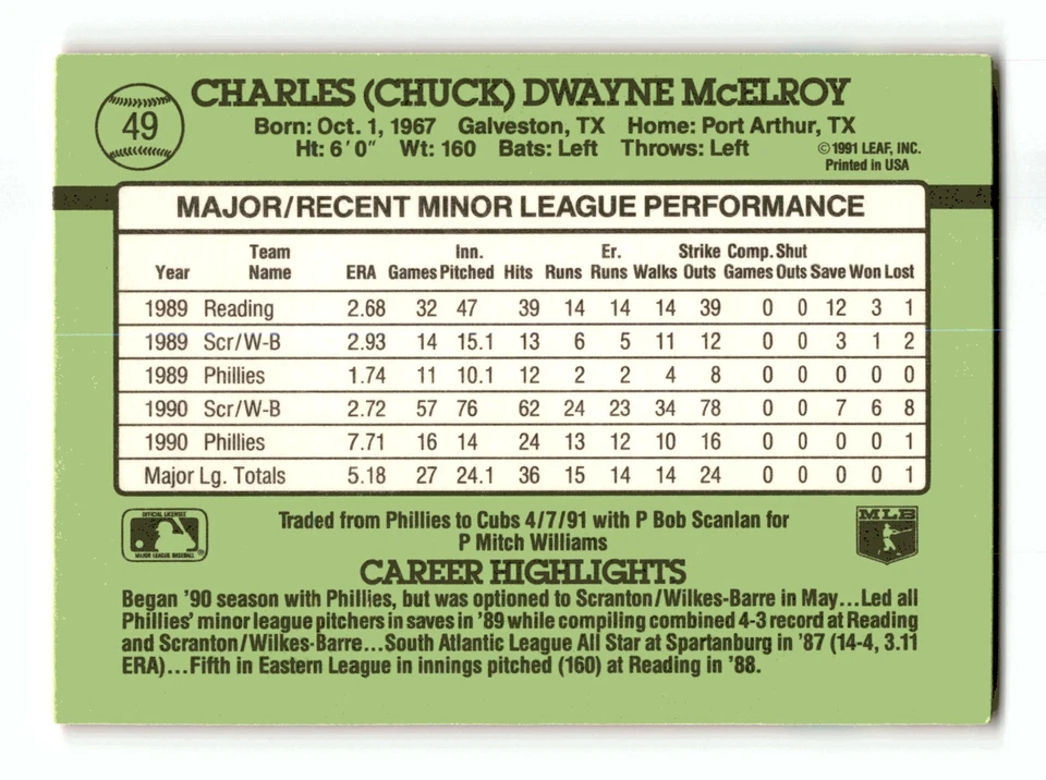 Chuck McElroy 1991 Donruss The Rookies #49 Chicago Cubs NM-MINT - Image 2 of 2