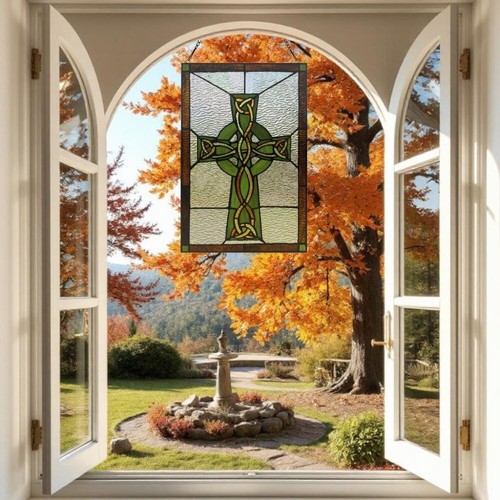 Green Celtic Cross Tiffany Style Stained Glass Suncatcher Window Panel 12x18in - Picture 5 of 6