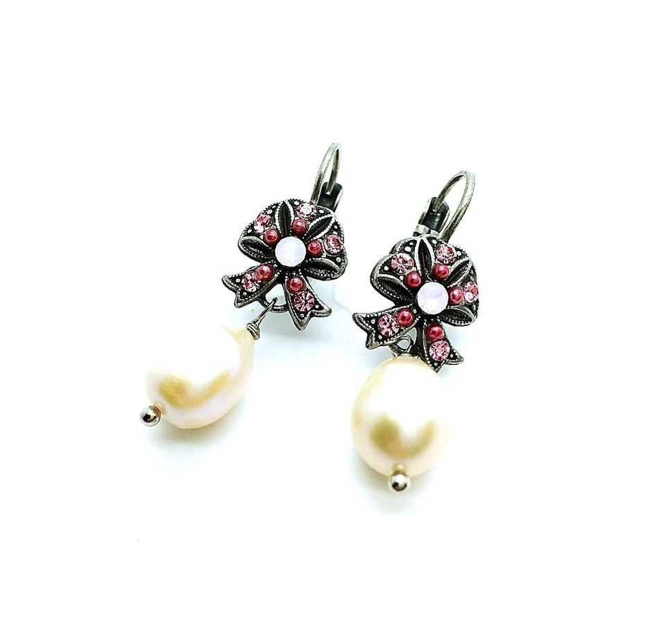 Pendientes Mariana Arco Colgante Perla Mineral y Rosa Swarovski Cristal Iconos Coll. Foto 2 de 3