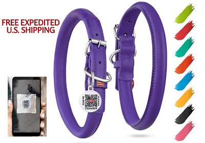 Mobile App QR Code Enabled Dog Collar Rolled Padded Leather Fade Proof Colors
