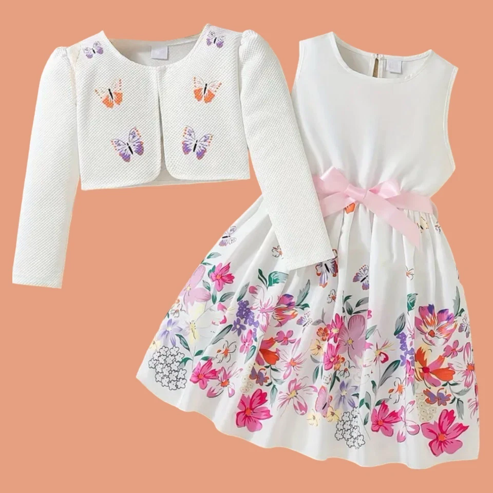 Vestido Bolero Chaqueta Mariposas Floral Cinta Satén 2 Piezas Niñas 4 Delantales (B) Foto 3 de 4