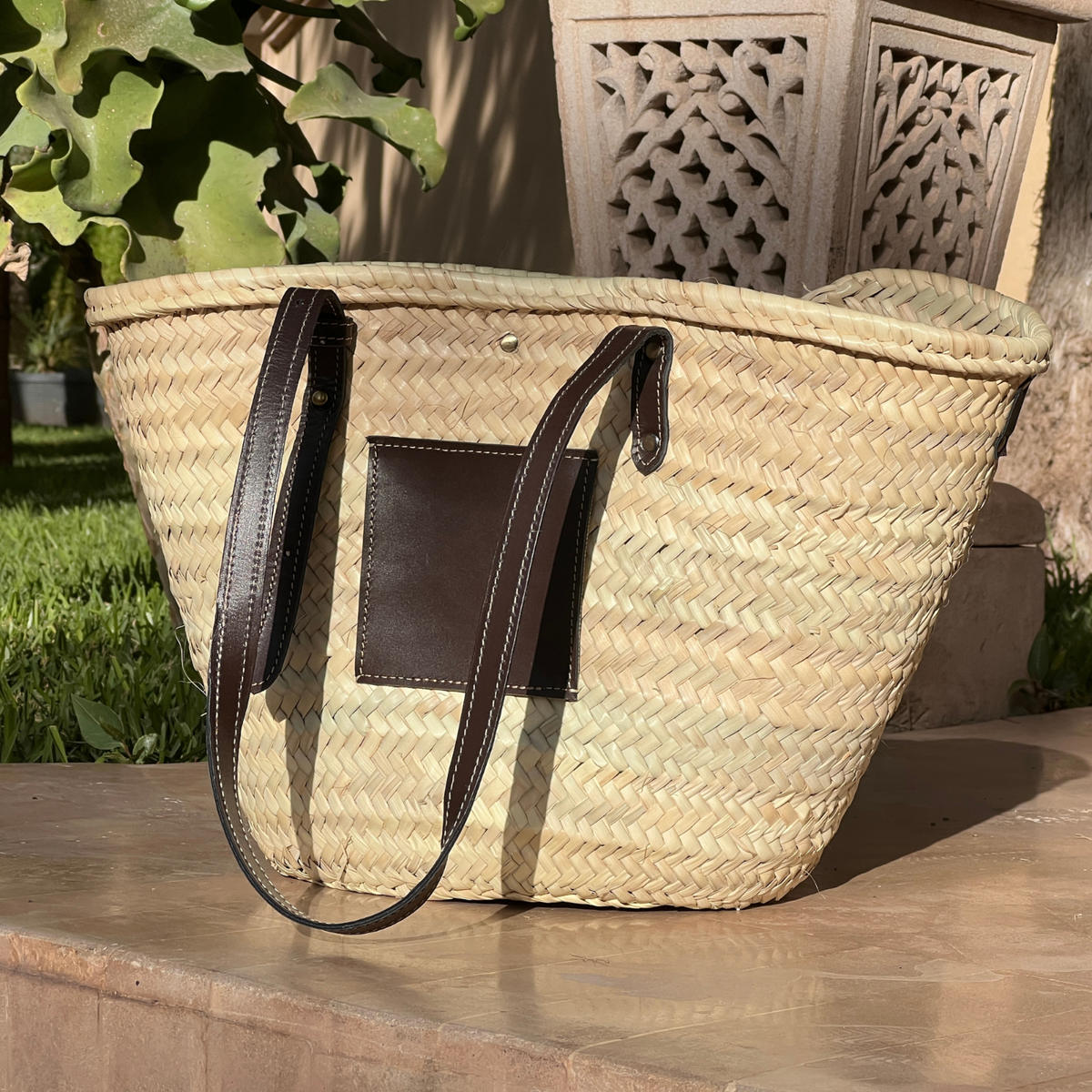 French Straw Basket Bag, Woven Tote Basket with Leather Straps