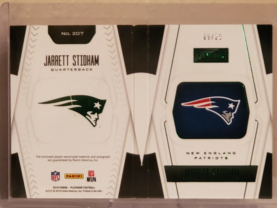 2019 Panini Playbook JARRETT STIDHAM /25 Booklet 4 Color Patch Auto RPA Patriots - Image 2 of 3