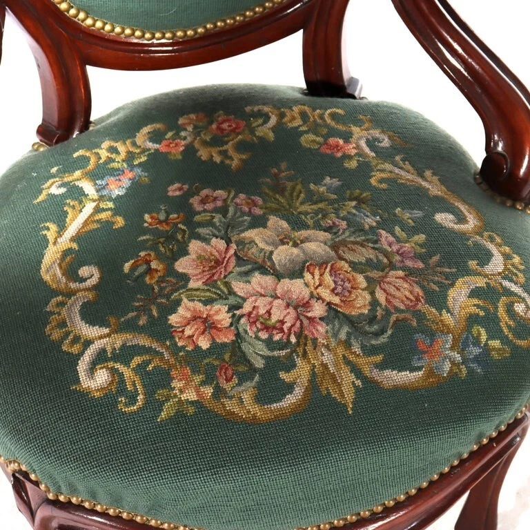 Pair Renaissance Revival Carved Walnut & Needlepoint Parlor Armchairs C1880 - Image 3 of 4