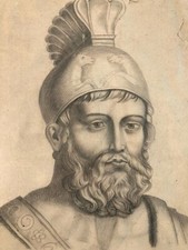 Very Nice Drawing Xixth With Antique Fighter Beard Helmet Roman Antique Art Rome
