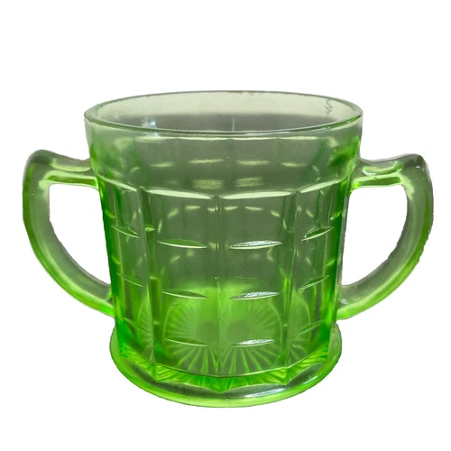 Hazel Atlas Sugar Bowl Green Colonial Block Uranium Vaseline Glass Vintage