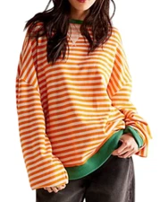 FREE PEOPLE ORANGE GREEN WHITE CLASSIC STRIPED OVERSIZED CREWNECK SWEATSHIRT M