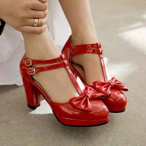 Womens Cute Pumps Bowknots Buckle Ankle T-Strap Shoes High Heels Party Shoes - Picture 15 of 25