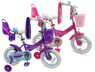 MICARGI 12" Girl Kids Princess Bike w/ Training Wheels & Brake Doll Carrier Bell Bicycle