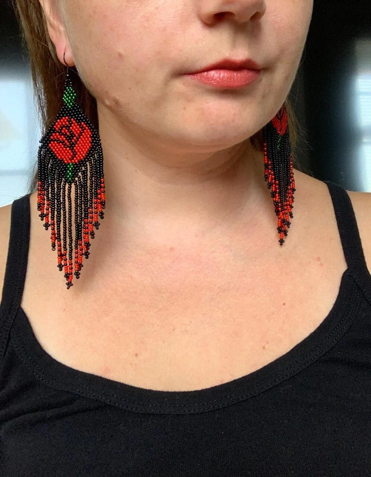 Flower earrings red rose czech glass beads dangle earrings boho blossom earrings - Image 2 of 4