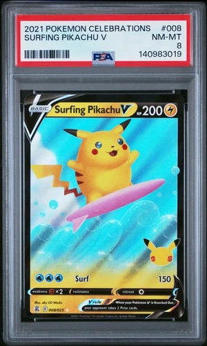 2021 POKEMON CELEBRATIONS #008 SURFING PIKACHU V PSA 8