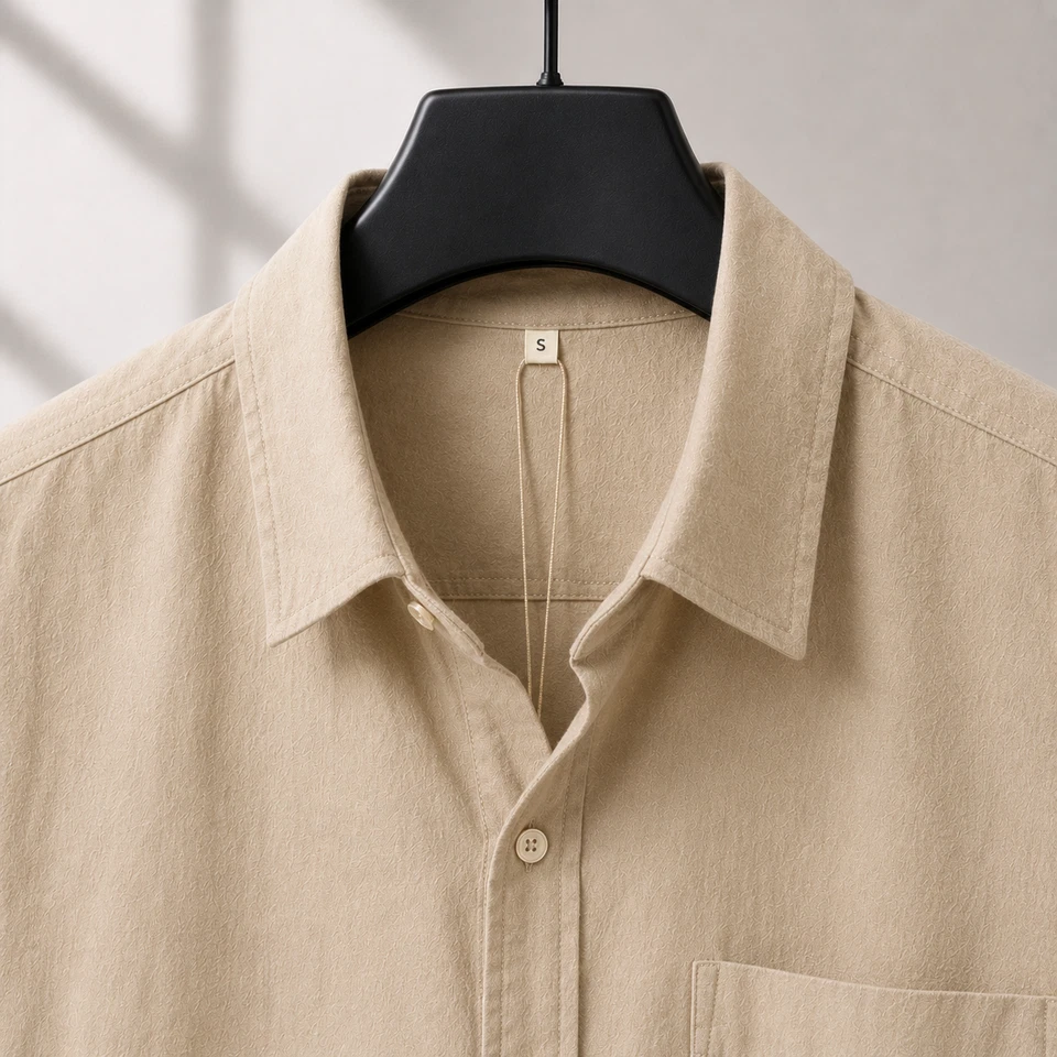 Chemise Homme Beige Lin Coton Manches Courtes Été Légère Casual Chic - Photo 3/4