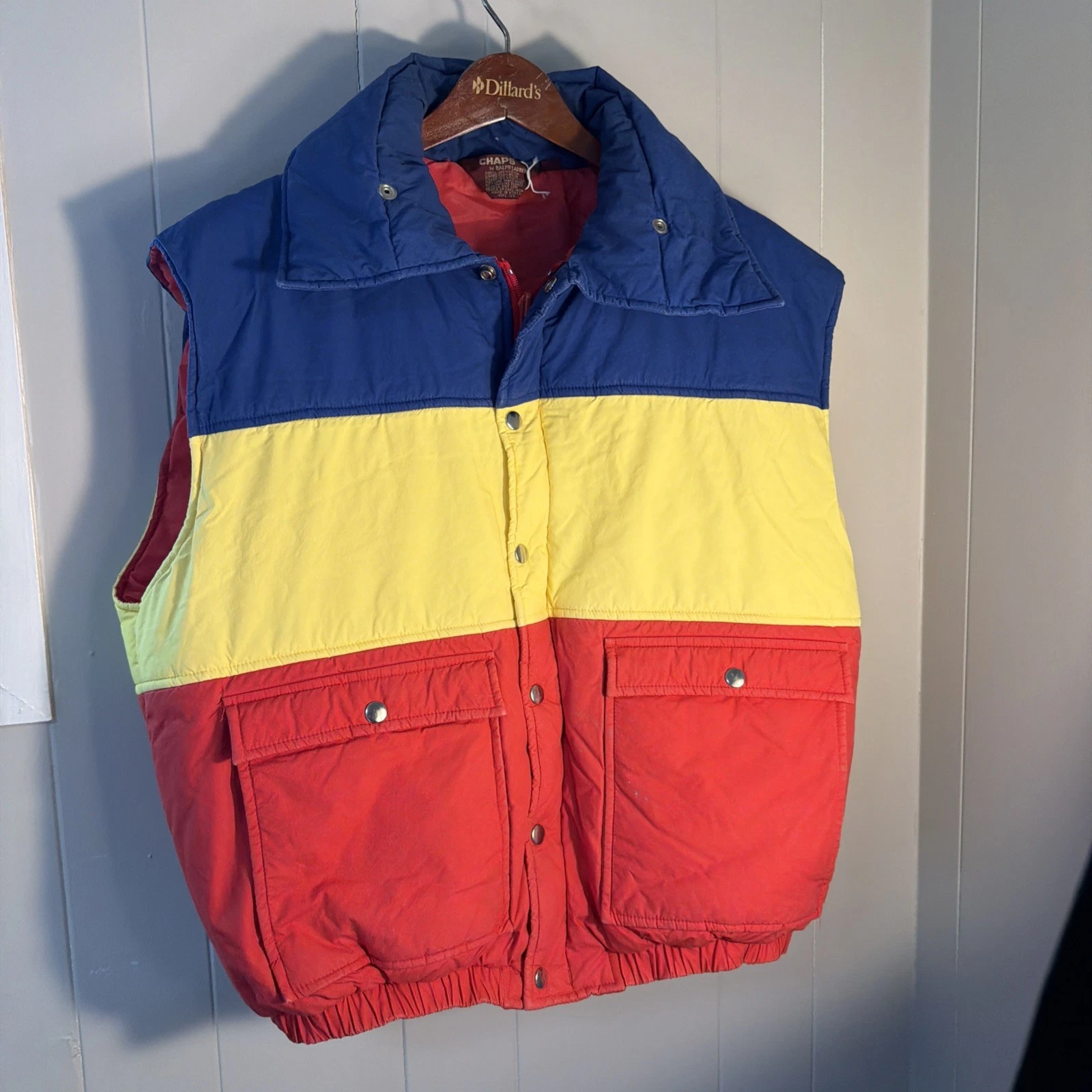 Vintage 90’s Chaps Ralph Lauren Puffer Vest Mens LG Blue Yellow Red Full Zip
Opens in a new window o