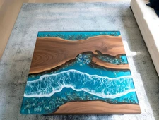 Unique Square Ocean Wave Epoxy Coffee Table | Live Edge Epoxy Resin Centerpiece
