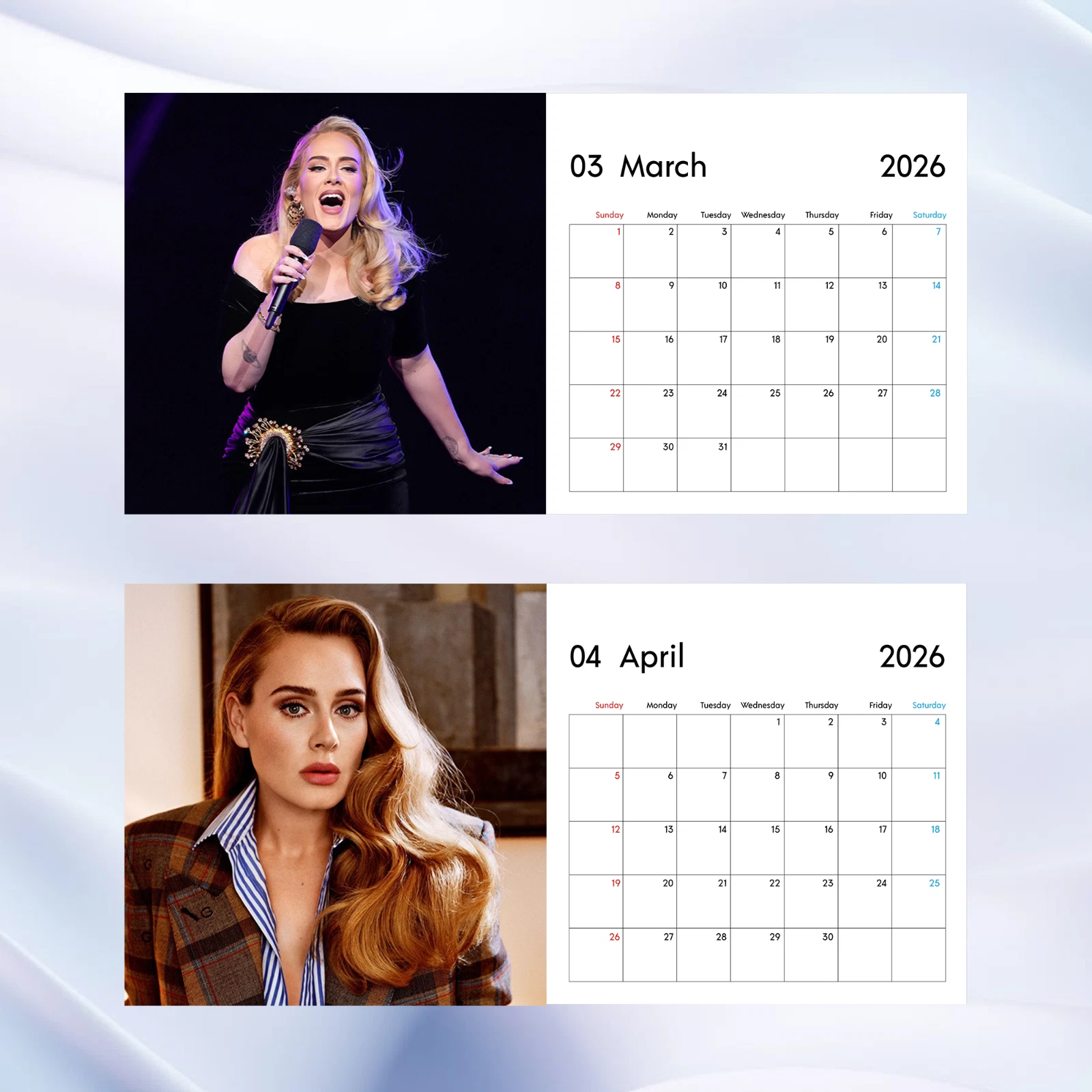 Adele 2026 Wall Calendar, Elegant Music Icon Monthly Planner