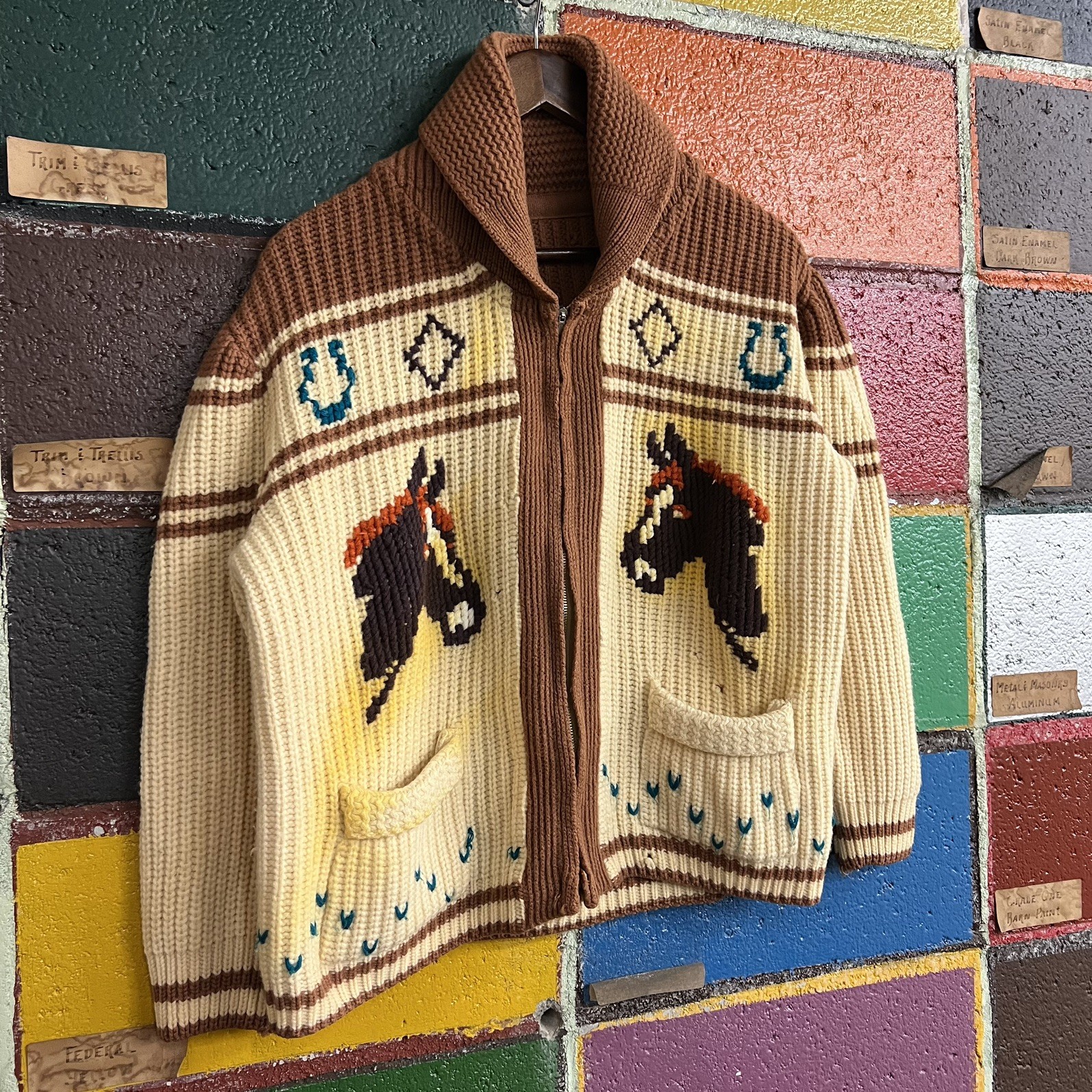 Vintage 1950s Horse Cowichan Sweater Equestrian 50s Western Caldwell? Size M