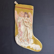 Vintage Needlepoint Christmas Stocking Two Angels Cream Velvet Back