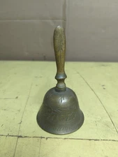 Antique Solid Brass Hand Dinner Bell 5" Tall Vintage Etch Design Lovely Tone 