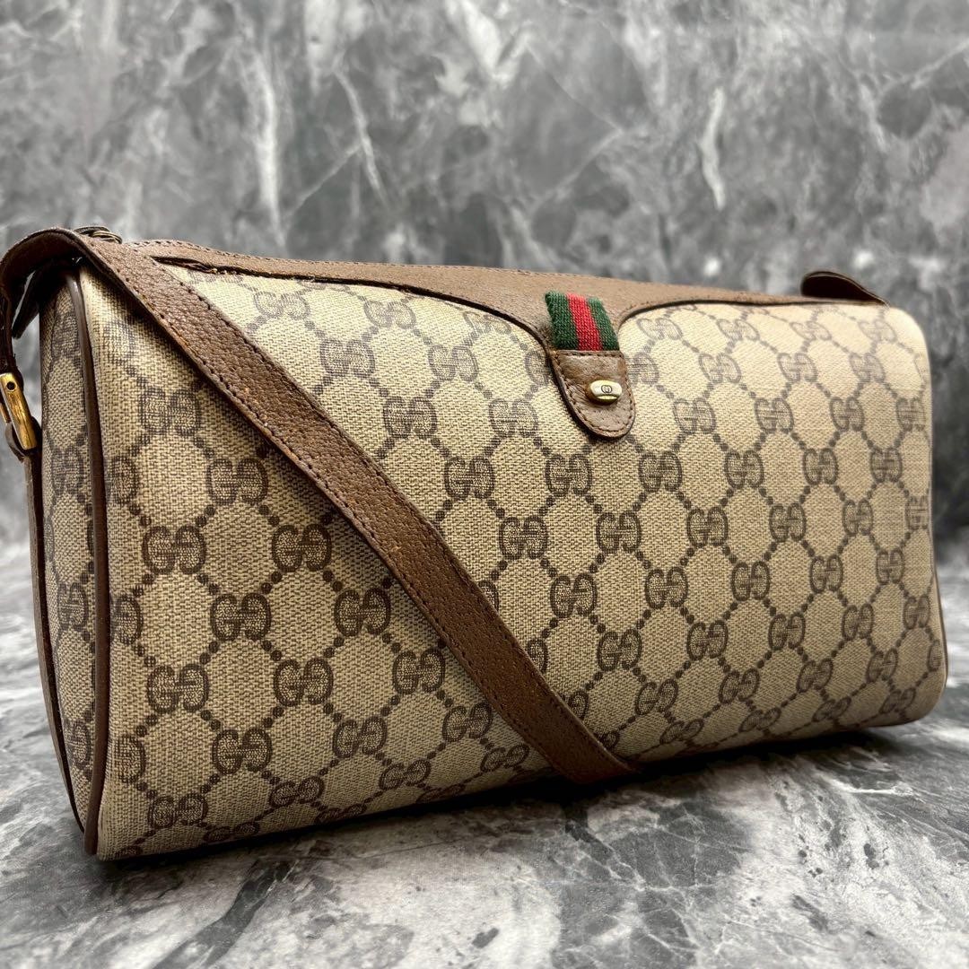 GUCCI Shoulder Bag PVC Leather Beige Brown Vintage Old Gucci Women Italy 