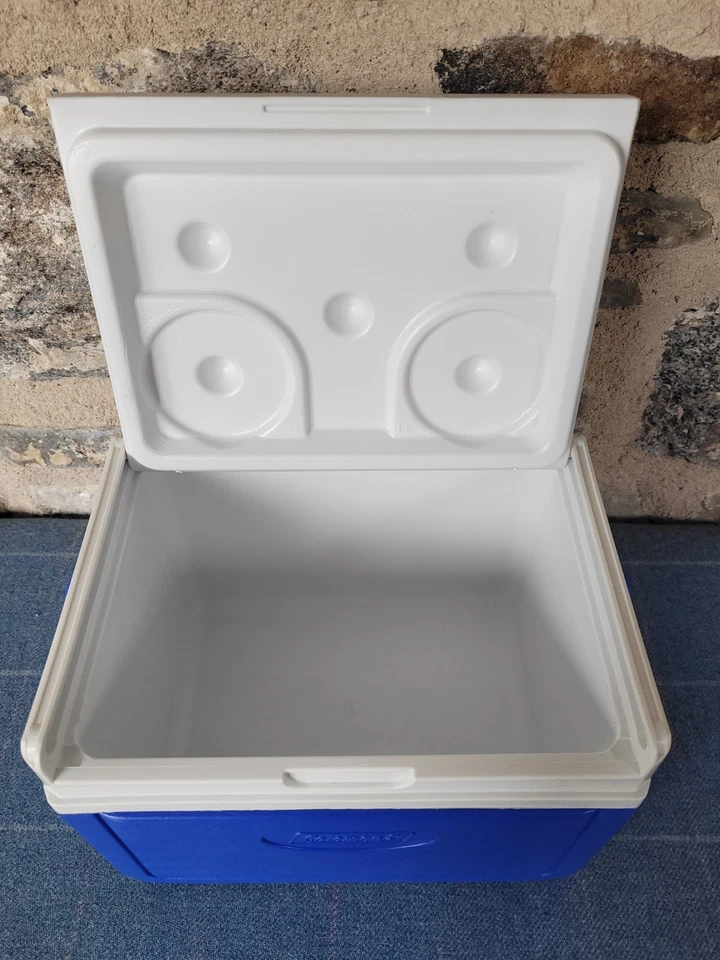 Kleine Vintage Coleman Kühlbox blau weiß Getränkehalter Klappdeckel Strand Picknick UK - Bild 3 von 4