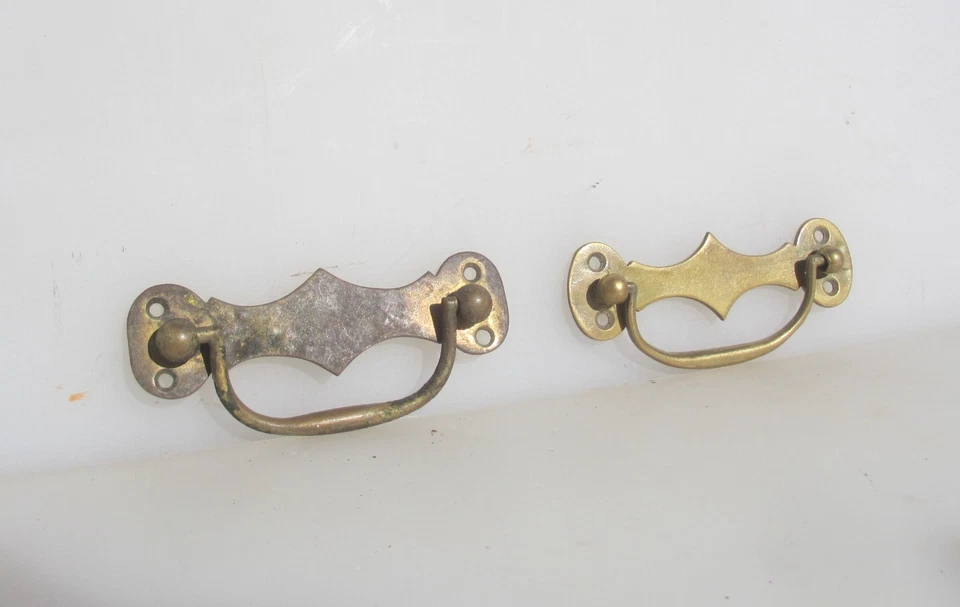 Vintage Brass Drawer Handles Pulls Chest of Drawers Old Antique Box Lift 4"W - Image 3 of 4
