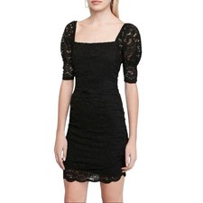 Express Women's Sheath Mini Dress Medium Square Neck Cinched Lace Puff Sleeve