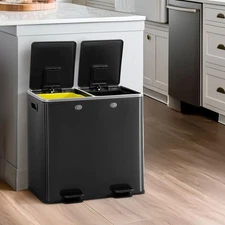 CAPHAUS Black Dual Trash Can w/Double Lid, Trash & Recycle Bins Combo, Hands-Fre