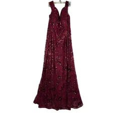 Jade Couture Fit & Flare Dress Women's 14 Red Sequin Beaded Sheer Lined Back Zip