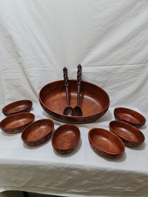 Vintage 10 Stück Massivholz Salatschüsseln/Nuss/Dip Set + Drehgriff Gabel/Löffel