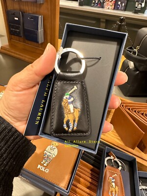 小物 POLO RALPHLAUREN LEATHERGOODS Polo Ralph Lauren Mens Key Chain Fob Black Leather Embroidered Big
