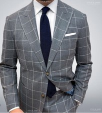 Men's Gray Suits Plaid Checkered Blazer Formal Party Business Tuxedos Custom