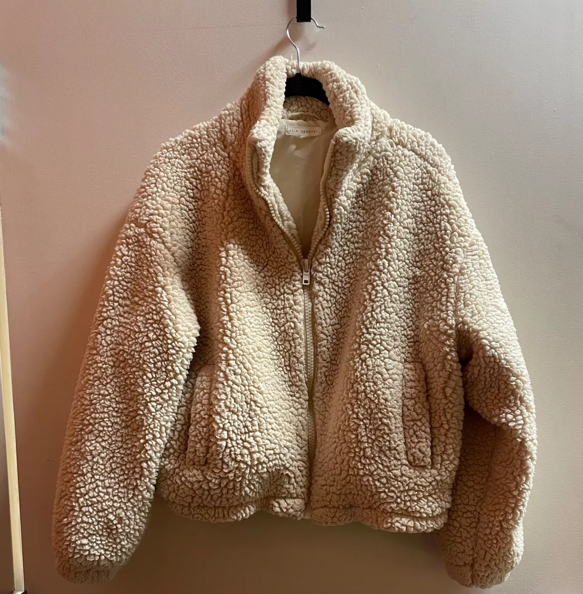 LA Hearts Women SHERPA Zip Up Jacket Oversized Cream Beige Color