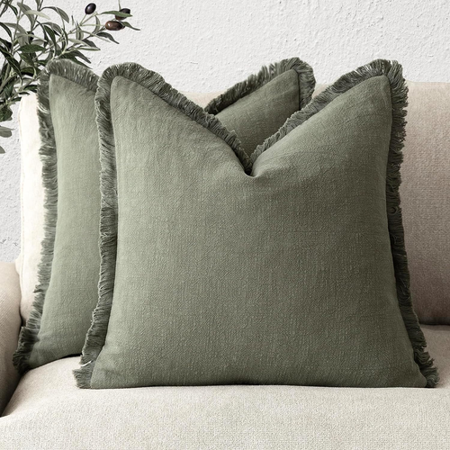 Set of 2 Decorative Linen Fringe Throw Pillow Covers Cozy Boho Farmhouse Cushion