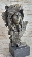 Native American Indian Chief Warrior in Bear Headdress Bonnet - Bronze Sculpture