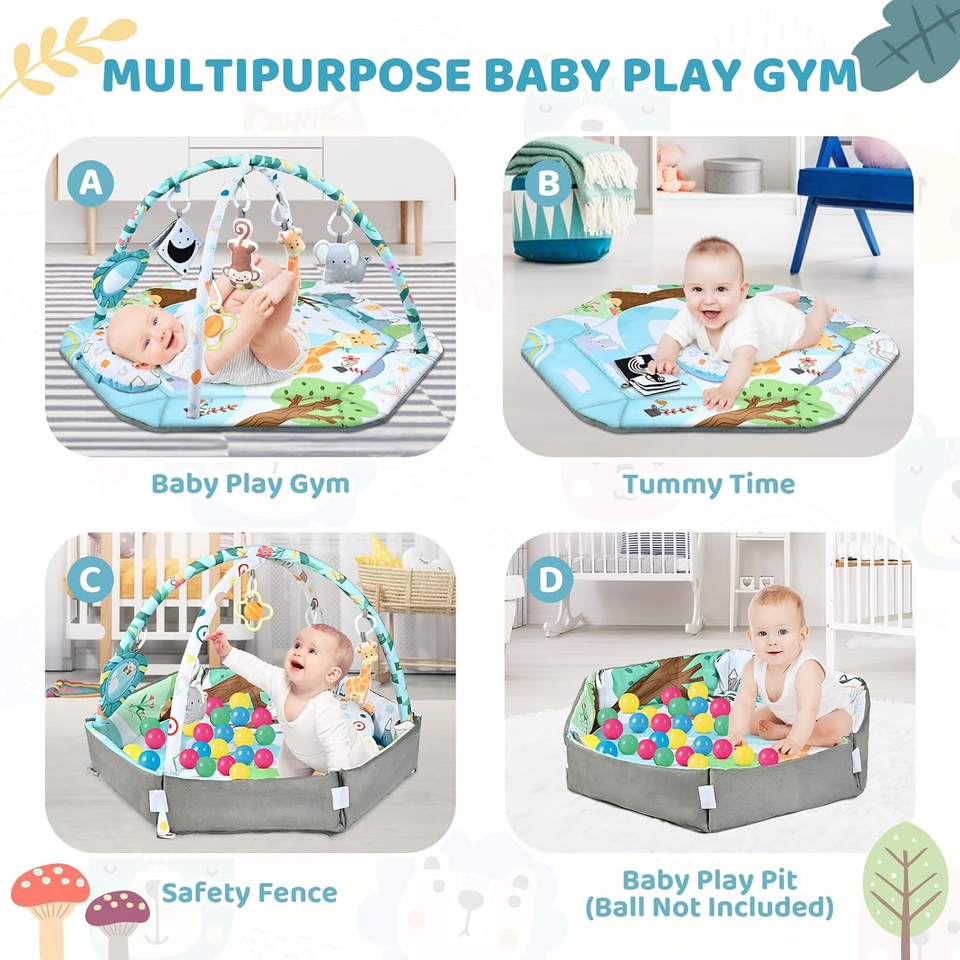 Baby Gym Play Mat, 8In1 Tummy Time Mat & Ball Pit with 6 Toys