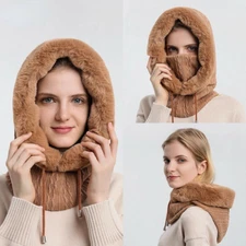 Winter Windproof Knitted Neck Warm Hooded Fur Cap Hat Women Outdoor Plush Fluffy