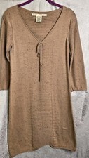 Max Studio Dress Womans Med Tan Flirty Ribbed Half Sleeve Knit Sweater Dress See