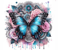 BLUE BUTTERFLY PINK ROSES MANDALA WATERCOLOR COMPUTER MOUSE PAD 9.25 x 7.75