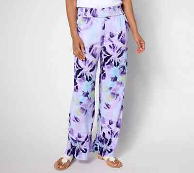 Denim Beach Woven Crepe Ruffled Hem Beach Pant-Purple-Petite