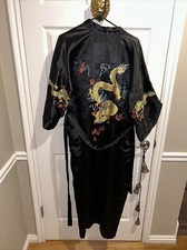 Vintage 60s/70s Black Chinese Pure Silk Embroidered Dragon Large Robe Belt