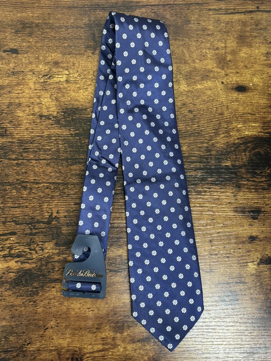 dots Brooks Brothers Blue Tie With White Floral 100% Silk Men's Necktie