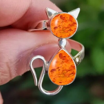 Elegant Cat Design Various Gemstones 925 Sterling Silver Women's Ring