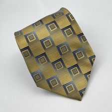 Joseph Feiss Silk Tie Gold Blue Geometric Men Necktie 57.5 x 3.7/8