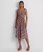 Lauren Ralph Lauren Belted Madras Sleeveless Dress Women's Multi Back Zip 16