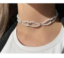 Collana girocollo choker perline bianche stelline argentate donna ragazza