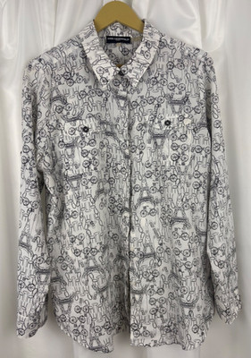 Karl Lagerfeld Paris Sketch Print Blouse Women's Size L White Black Eiffel Tower