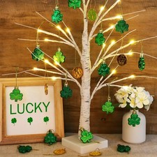 St. Patrick's Day Decorations: 23.2" Lighted Birch Tree with 36pcs Shamrock O...